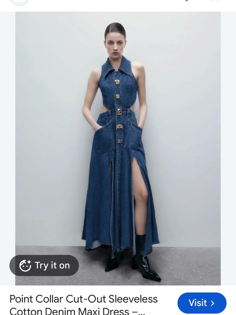 Sleeveless Point-Collar Cut-Out Denim Maxi Dress in Dark Blue